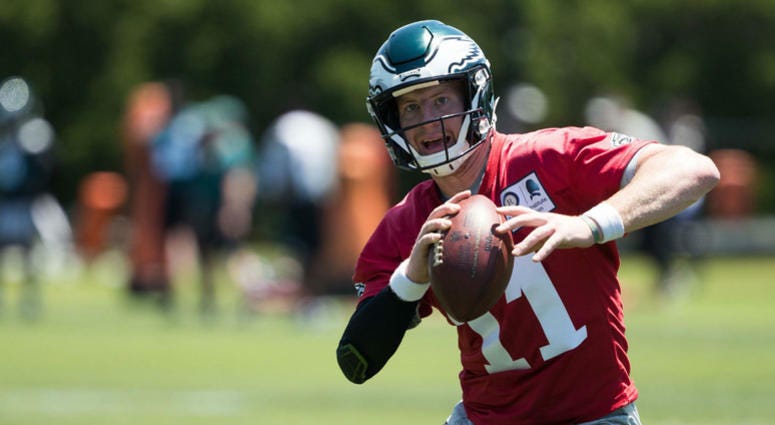 Philadelphia Eagles quarterback Carson Wentz (11) runs a drill during minicamp at Novacare Complex. Philadelphia Eagles quarterback Carson Wentz (11) runs a drill during minicamp at Novacare Complex.