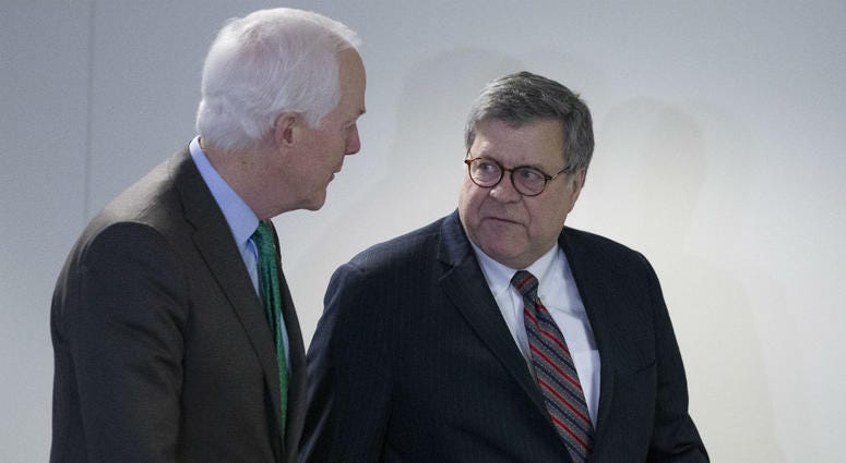 Sen. John Cornyn, R-Texas, left, walks with Attorney General nominee William Barr after their meeting on Capitol Hill, Wednesday, Jan. 9, 2019 in Washington. Sen. John Cornyn, R-Texas, left, walks with Attorney General nominee William Barr after their meeting on Capitol Hill, Wednesday, Jan. 9, 2019 in Washington.