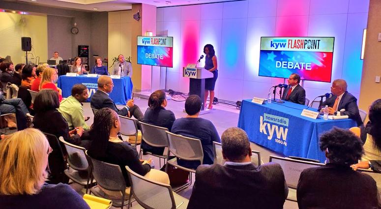 Community affairs reporter Cherri Gregg introduces the KYW Newsradio Democratic mayoral debate, May 9, 2019. KYW Newsradio Democratic mayoral debate