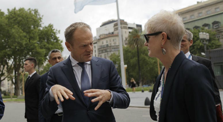 European Council's President Donald Tusk, left, leaves the presidential palace after meeting Argentina's President Mauricio Macri in Buenos Aires, Argentina, Thursday, Nov. 29, 2018. European Council's President Donald Tusk, left, leaves the presidential palace after meeting Argentina's President Mauricio Macri in Buenos Aires, Argentina, Thursday, Nov. 29, 2018.