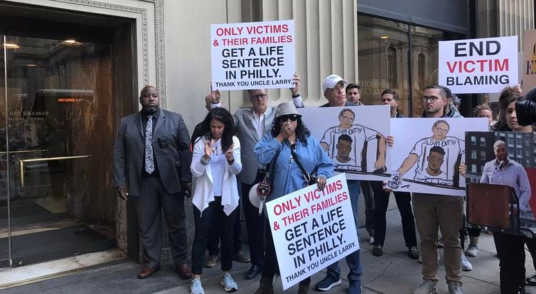 Families of murder victims upset with Philadelphia District Attorney Larry Krasner's increase in plea deals rallied in front of his office earlier Tuesday to show their anger with his prosecution policies. Families of murder victims upset with Philadelphia District Attorney Larry Krasner's increase in plea deals rallied in front of his office earlier Tuesday to show their anger with his prosecution policies.
