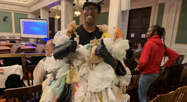 A man who supports a plastic bag ban at a hearing at Philadelphia City Council. A man who supports a plastic bag ban at Philadelphia City Council.