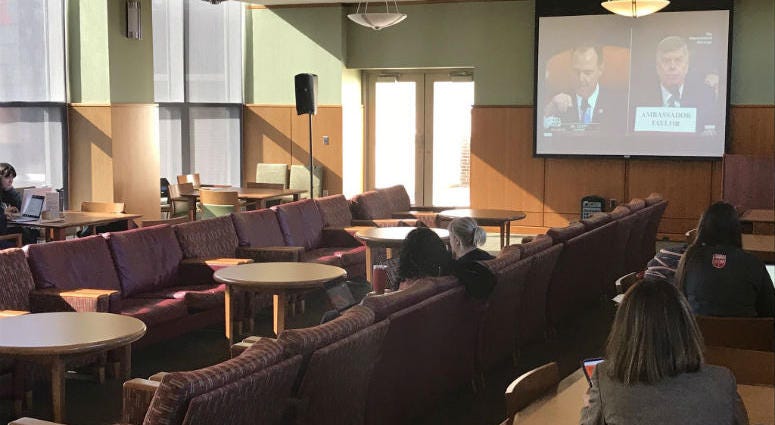 Rutgers University-Camden law school students get a chance to attend an impeachment hearing watch party. An impeachment hearing watch part at Rutgers University-Camden law school.