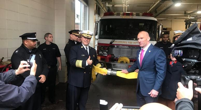 Fire Commissioner Adam Thiel at the reopening of an Old City firehouse. Fire Commissioner Adam Thiel at the reopening of an Old City firehouse.