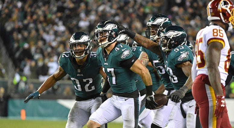 Philadelphia Eagles linebacker Nate Gerry (47) celebrates his interception against the Washington Redskins during the fourth quarter at Lincoln Financial Field. Philadelphia Eagles linebacker Nate Gerry (47) celebrates his interception against the Washington Redskins during the fourth quarter at Lincoln Financial Field.