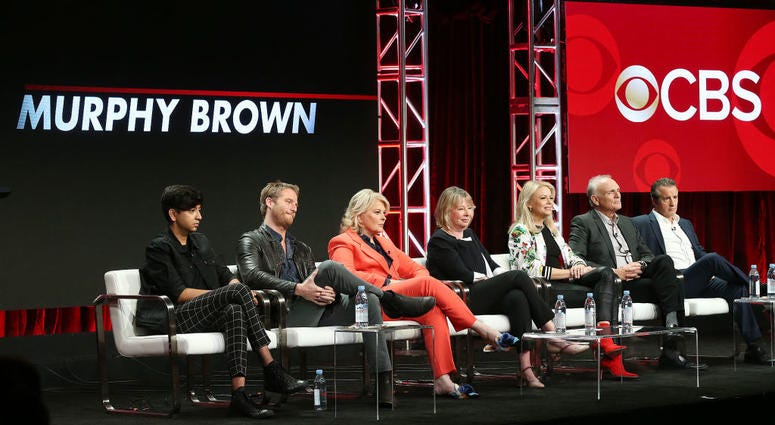 From left: Actor Nik Dodani, actor Jake McDorman, actress Candice Bergen, executive producer Diane English, actress Faith Ford, actor Joe Regalbuto, and actor Grant Shaud of the television show "Murphy Brown" speak on Aug. 5, 2018. From left: Actor Nik Dodani, actor Jake McDorman, actress Candice Bergen, executive producer Diane English, actress Faith Ford, actor Joe Regalbuto, and actor Grant Shaud of the television show "Murphy Brown" speak on Aug. 5, 2018.