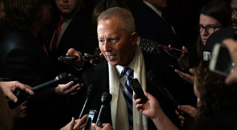Rep. Jeff Van Drew speaks to members of the media outside a closed House Democrats organizational meeting. Rep. Jeff Van Drew speaks to members of the media outside a closed House Democrats organizational meeting.