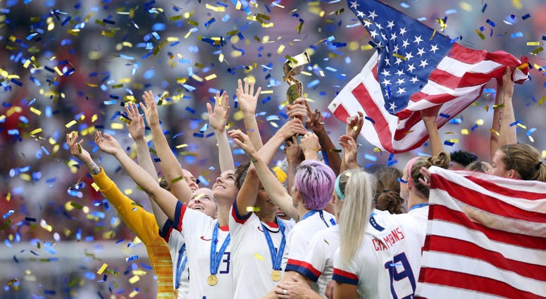LYON, FRANCE - JULY 07: Carli Lloyd of the USA celebrate with the trophy following victory in the 2019 FIFA Women's World Cup France Final match between The United States of America and The Netherlands at Stade de Lyon on July 07, 2019 in Lyon, France. Carli Lloyd of the USA celebrate with the trophy following victory in the 2019 FIFA Women's World Cup France Final match between The United States of America and The Netherlands at Stade de Lyon on July 07, 2019 in Lyon, France.