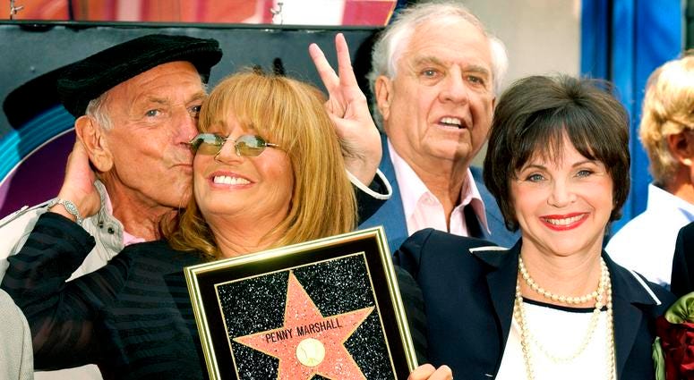 From left: Actors Jack Klugman, Penny Marshall and Cindy Williams attend the ceremony honoring each actress with a star on the Hollywood Walk of Fame on Aug. 12, 2004 in Hollywood, California. Jack Klugman, Penny Marshall and Cindy Williams