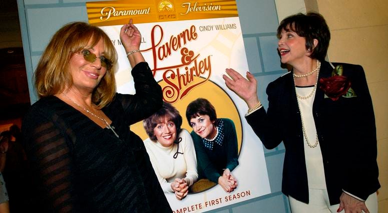 Penny Marshall (left) and Cindy Williams pose at a reception after a ceremony honoring each of them with a star on the Hollywood Walk of Fame on Aug. 12, 2004 in Hollywood, California. Penny Marshall and Cindy Williams