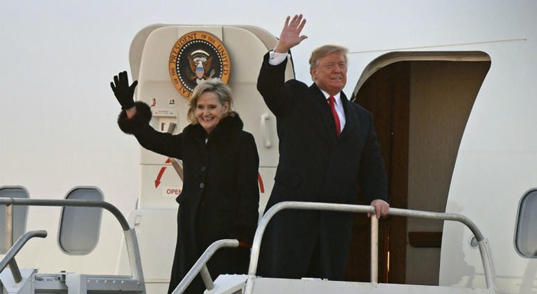 President Donald Trump and Sen. Cindy Hyde-Smith, R-Miss., wave to supporters after arriving for a rally in Tupelo, Miss., Monday, Nov. 26, 2018. President Donald Trump and Sen. Cindy Hyde-Smith, R-Miss., wave to supporters after arriving for a rally in Tupelo, Miss., Monday, Nov. 26, 2018.