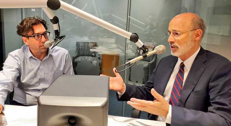 KYW Newsradio's Suburban Bureau Chief Jim Melwert (left) interviews Pennsylvania Gov. Tom Wolf in the studio, May 23, 2019. Jim Melwert and Gov. Tom Wolf