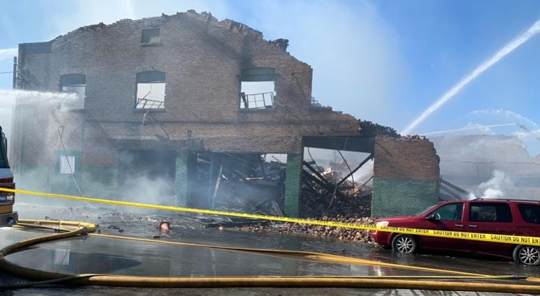 An auto body shop at 60th and Spruce streets caught fire on Oct. 21, 2019. Remains of auto body shop after fire