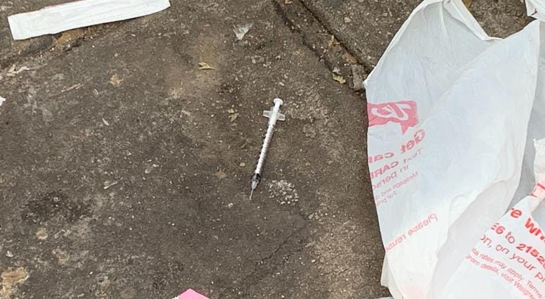A syringe on the ground in Kensington, as residents say there is still much that must be done to combat the opioid crisis in the area. A syringe on the ground in Kensington, as residents say there is still much that must be done to combat the opioid crisis in the area.