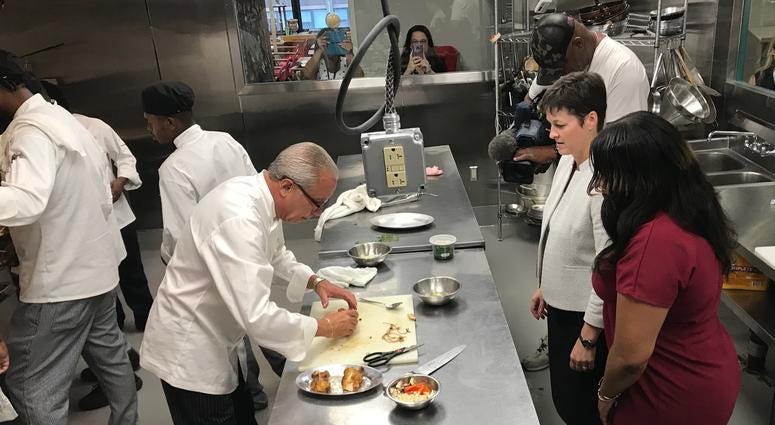 Pennsylvania Secretary of the Department of Human Services Teresa Miller (second from right) tours Philadelphia OIC July 29, 2019 to see how to nonprofit benefits food stamp recipients. Teresa Miller