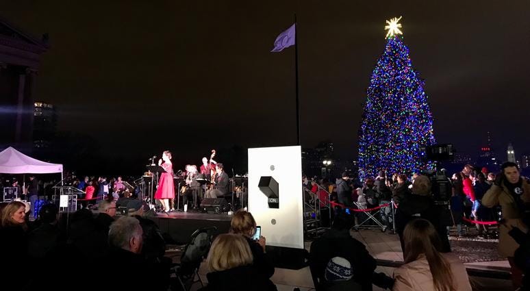 Hundreds of families filled the steps of the Philadelphia Museum of Art, hot chocolate in hand, to watch the giant 55-foot tree officially light up on Nov. 27, 2019. Tree lighting at Philadelphia Museum of Art