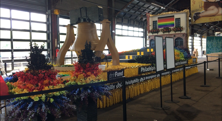 The finishing touches are being made on Philadelphia’s Pride float at Cherry Street Pier, titled, "Philadelphia Pioneers On The Road To Stonewall." Philly Pride float