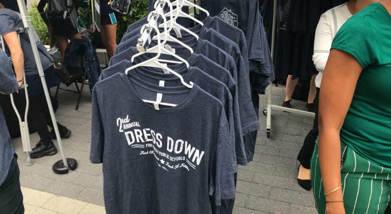 At LOVE Park, the Fund for the School District of Philadelphia geared up for its annual Dress Down Day. Dress Down Day shirts on sale to help raise money for the Philly school district.