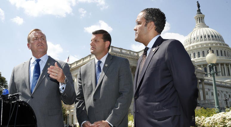 Rep. Jeff Denham, R-Calif., left, speaks next to Rep. David Valadao, R-Calif., and Rep. Will Hurd, R-Texas, during a news conference with House Republicans who are collecting signatures on a petition to force House votes on immigration legislation. Rep. Jeff Denham, R-Calif., left, speaks next to Rep. David Valadao, R-Calif., and Rep. Will Hurd, R-Texas, during a news conference with House Republicans who are collecting signatures on a petition to force House votes on immigration legislation.