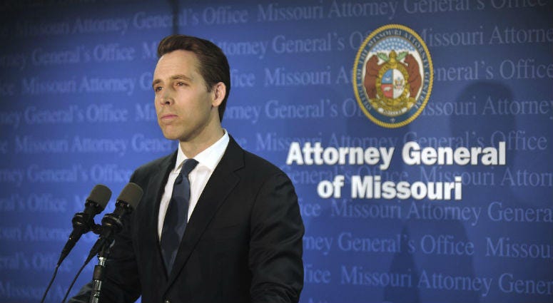 Missouri Attorney General Josh Hawley announces during a Tuesday, April 17, 2018, press conference in his Jefferson City, Mo., office that he has found evidence that Gov. Eric Greitens committed a crime. Missouri Attorney General Josh Hawley