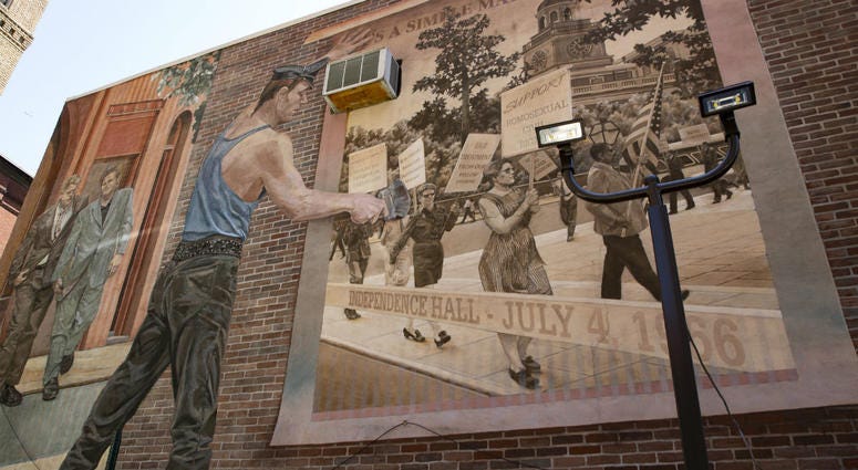 "Pride and Progress" by Ann Northrup, covering the west wall of the William Way Center LGBT Community Center in Philadelphia, was completed in 2003. Detail of the "Pride and Progress" mural by Ann Northrup, covering the west wall of the William Way Center LGBT Community Center in Philadelphia