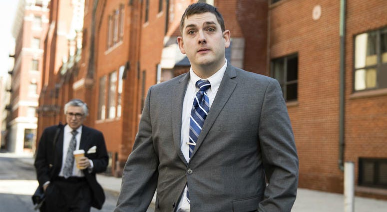 Former East Pittsburgh police officer Michael Rosfeld, charged with homicide in the shooting death of Antwon Rose II, walks to the Dauphin County Courthouse in Harrisburg, Pa., Tuesday, March 12, 2019. Former East Pittsburgh police officer Michael Rosfeld, charged with homicide in the shooting death of Antwon Rose II, walks to the Dauphin County Courthouse in Harrisburg, Pa., Tuesday, March 12, 2019.