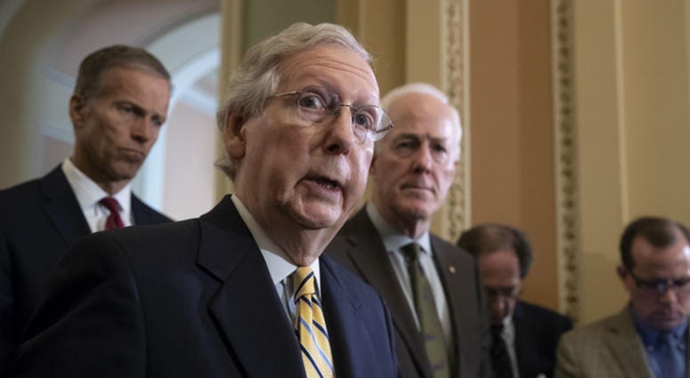 Senate Majority Leader Mitch McConnell, R-Ky., flanked by Sen. John Thune, R-S.D., left, and Majority Whip John Cornyn, R-Texas, speaks to the media on Capitol Hill in Washington, Tuesday, July 17, 2018 Senate Majority Leader Mitch McConnell, R-Ky., flanked by Sen. John Thune, R-S.D., left, and Majority Whip John Cornyn, R-Texas, speaks to the media on Capitol Hill in Washington, Tuesday, July 17, 2018