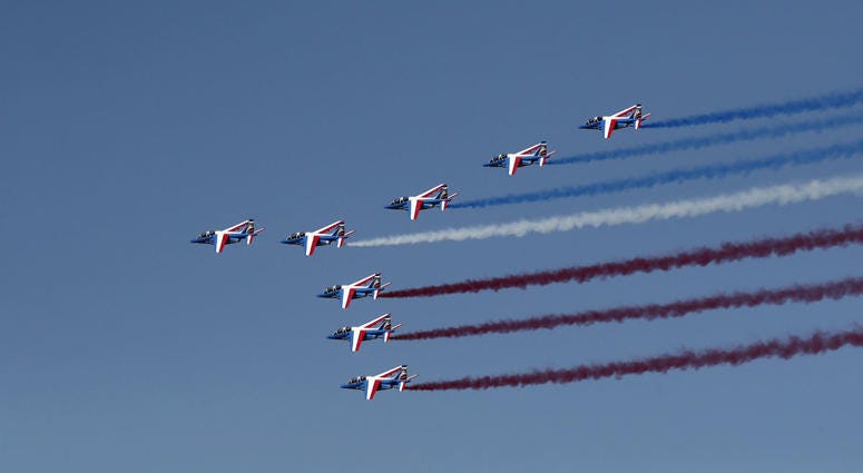 Alpha jets from the French Air Force Patrouille de France fly during the inauguration the 53rd International Paris Air Show at Le Bourget Airport near Paris, France, Monday June 17, 2019. Alpha jets from the French Air Force Patrouille de France fly during the inauguration the 53rd International Paris Air Show at Le Bourget Airport near Paris, France, Monday June 17, 2019.