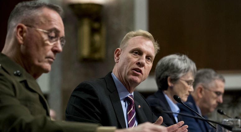 Acting Defense Secretary Patrick Shanahan, second from left, speaks during a Senate Armed Services Committee hearing on Capitol Hill in Washington , Thursday, April 11, 2019, on the proposed Space Force. Acting Defense Secretary Patrick Shanahan, second from left, speaks during a Senate Armed Services Committee hearing on Capitol Hill in Washington , Thursday, April 11, 2019, on the proposed Space Force.