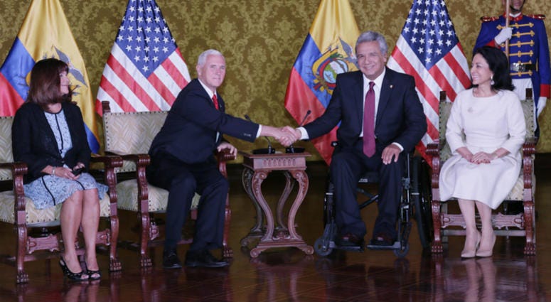 Ecuador's President Lenin Moreno, second right, and his wife Rocio, right, meet with U.S. Vice President Mike Pence, second left, and his wife Karen at the government palace in Quito, Ecuador, Thursday, June 28, 2018. Ecuador's President Lenin Moreno, second right, and his wife Rocio, right, meet with U.S. Vice President Mike Pence, second left, and his wife Karen at the government palace in Quito, Ecuador, Thursday, June 28, 2018.