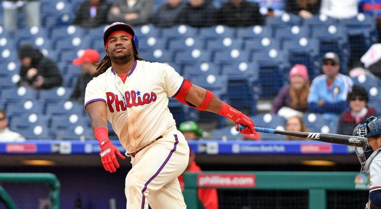 Philadelphia Phillies third baseman Maikel Franco (7) strikes out during the ninth inning against the Atlanta Braves at Citizens Bank Park. Philadelphia Phillies third baseman Maikel Franco