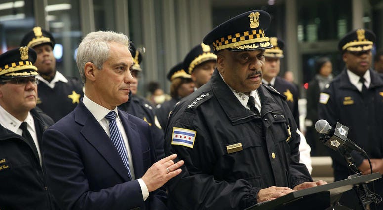 Chicago Mayor Rahm Emanuel, left, comforts Chicago Police Superintendent Eddie Johnson, Monday, Nov. 19, 2018, during a news conference at the University of Chicago Medical Center. Chicago Mayor Rahm Emanuel, left, comforts Chicago Police Superintendent Eddie Johnson, Monday, Nov. 19, 2018, during a news conference at the University of Chicago Medical Center.