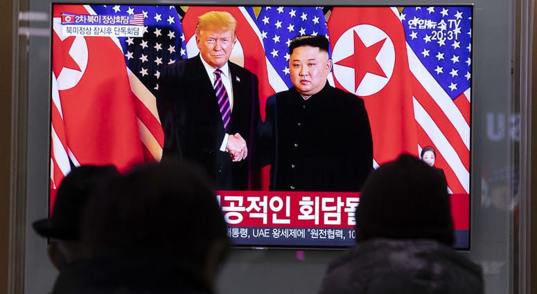 People watch a TV live broadcast on top leader of the Democratic People's Republic of Korea (DPRK) Kim Jong Un meeting with U.S. President Donald Trump in Seoul, South Korea, Feb. 27, 2019. People watch a TV live broadcast on top leader of the Democratic People's Republic of Korea (DPRK) Kim Jong Un meeting with U.S. President Donald Trump in Seoul, South Korea, Feb. 27, 2019.