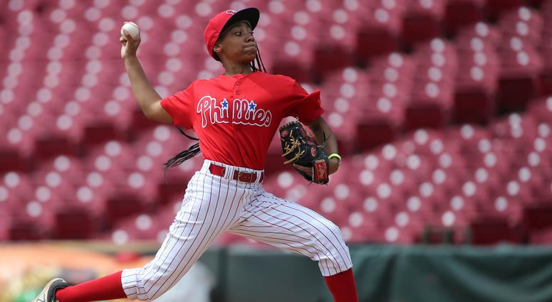 Phillies RBI pitcher Mo'ne Davis (11) delivers to the plate in the fifth inning during regional play the 2017 RBI World Series at Great American Ball Park. Phillies RBI pitcher Mo'ne Davis (11) delivers to the plate in the fifth inning during regional play the 2017 RBI World Series at Great American Ball Park.