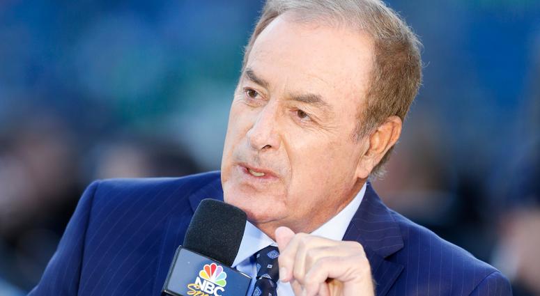 NBC Sunday Night Football announcer Al Michaels speaks on the set during pregame warmups by the Indianapolis Colts and Seattle Seahawks at CenturyLink Field. NFL: Indianapolis Colts at Seattle Seahawks