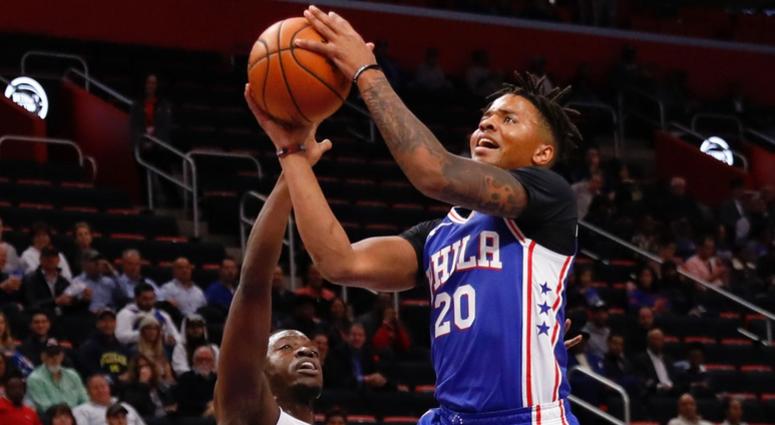 Philadelphia 76ers guard Markelle Fultz (20) goes to the basket on Detroit Pistons guard Reggie Jackson (1) in the first half at Little Caesars Arena, Oct. 23, 2018. Philadelphia 76ers guard Markelle Fultz