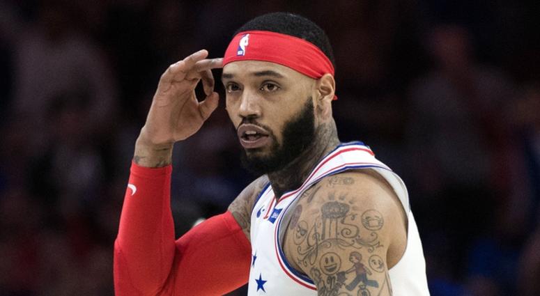 Philadelphia 76ers forward Mike Scott reacts during the first quarter against the Toronto Raptors in game six of the second round of the 2019 NBA Playoffs at Wells Fargo Center. Philadelphia 76ers forward Mike Scott reacts during the first quarter against the Toronto Raptors in game six of the second round of the 2019 NBA Playoffs at Wells Fargo Center.