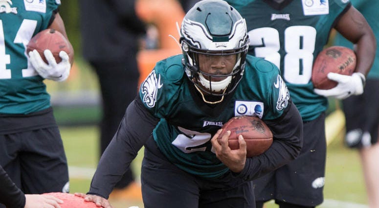 May 10, 2019; Philadelphia, PA, USA; Philadelphia Eagles running back Miles Sanders (26) runs drills during rookie minicamp at NovaCare Complex. May 10, 2019; Philadelphia, PA, USA; Philadelphia Eagles running back Miles Sanders (26) runs drills during rookie minicamp at NovaCare Complex.