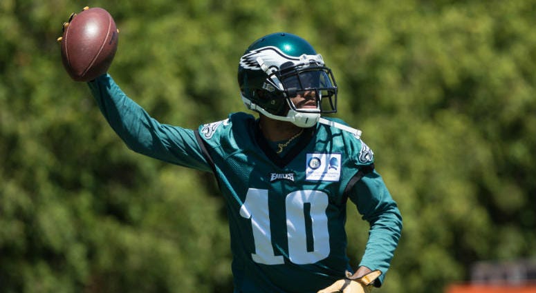 Jun 11, 2019; Philadelphia, PA, USA; Philadelphia Eagles wide receiver DeSean Jackson (10) tosses the ball during Minicamp at Novacare Complex. Jun 11, 2019; Philadelphia, PA, USA; Philadelphia Eagles wide receiver DeSean Jackson (10) tosses the ball during Minicamp at Novacare Complex.