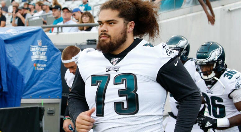 Aug 15, 2019; Jacksonville, FL, USA; Philadelphia Eagles offensive guard Isaac Seumalo (73) runs out of the tunnel before the game against the Jacksonville Jaguars at TIAA Bank Field. Philadelphia Eagles offensive guard Isaac Seumalo (73) runs out of the tunnel before the game against the Jacksonville Jaguars at TIAA Bank Field.