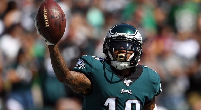 Philadelphia Eagles wide receiver DeSean Jackson (10) celebrates his touchdown catch in the second quarter against the Washington Redskins at Lincoln Financial Field. Philadelphia Eagles wide receiver DeSean Jackson (10) celebrates his touchdown catch in the second quarter against the Washington Redskins at Lincoln Financial Field.