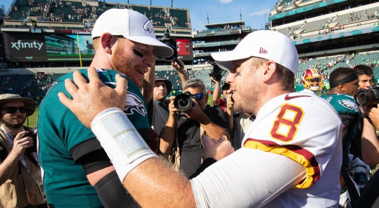 Philadelphia Eagles quarterback Carson Wentz (11) and Washington Redskins quarterback Case Keenum (8) shake hands on the field after the game at Lincoln Financial Field. Philadelphia Eagles quarterback Carson Wentz (11) and Washington Redskins quarterback Case Keenum (8) shake hands on the field after the game at Lincoln Financial Field.