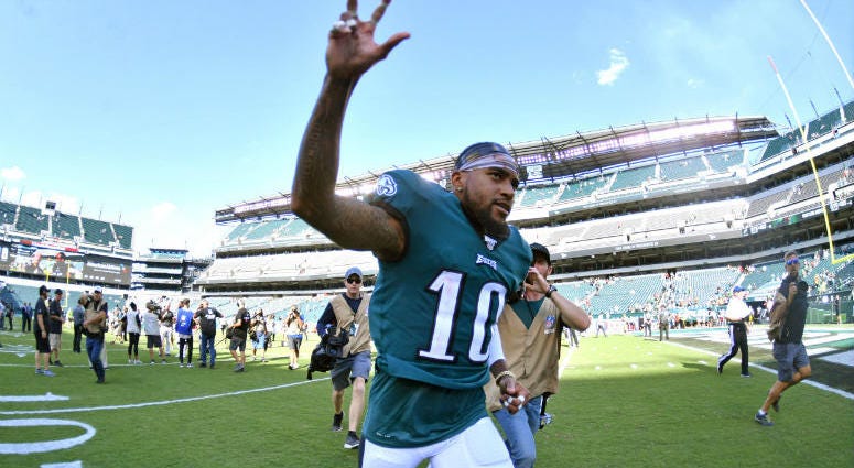 Sep 8, 2019; Philadelphia, PA, USA; Philadelphia Eagles wide receiver DeSean Jackson (10) runs off the field at Lincoln Financial Field. Philadelphia Eagles wide receiver DeSean Jackson (10) runs off the field.