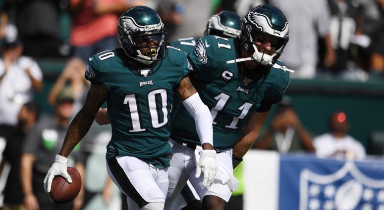 Philadelphia Eagles wide receiver DeSean Jackson (10) reacts after catching a touchdown pass from quarterback Carson Wentz (11) in the third quarter against the Washington Redskins at Lincoln Financial Field. Philadelphia Eagles wide receiver DeSean Jackson (10) reacts after catching a touchdown pass from quarterback Carson Wentz (11) in the third quarter against the Washington Redskins at Lincoln Financial Field.