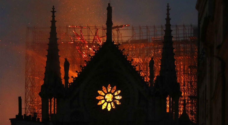 Flames and smoke rise from Notre Dame cathedral as it burns in Paris, Monday, April 15, 2019. Flames and smoke rise from Notre Dame cathedral as it burns in Paris, Monday, April 15, 2019.