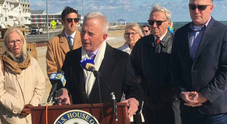 Rep. Jeff Van Drew speaking after A two-year-long dispute over how to do beach replenishment down the shore has been settled. Rep. Jeff Van Drew.