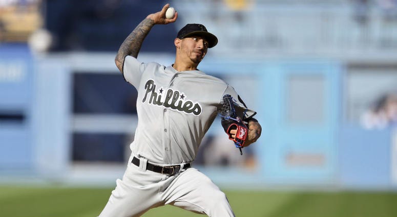 Philadelphia Phillies starting pitcher Vince Velasquez faces the Los Angeles Dodgers during the first inning of a baseball game Monday, May 28, 2018, in Los Angeles. Philadelphia Phillies starting pitcher Vince Velasquez