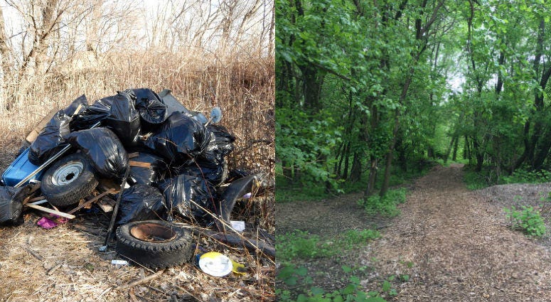 On the left, a photo of what had become a 35-acre dump site along 36th Street in Camden. On the right is the site after being turned into a nature preserve. What had become a 35-acre dump site along the Delaware River in Camden’s Cramer Hill section is now a nature preserve.