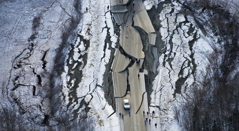 This aerial photo shows damage on Vine Road, south of Wasilla, Alaska, after earthquakes Friday, Nov. 30, 2018. This aerial photo shows damage on Vine Road, south of Wasilla, Alaska, after earthquakes Friday, Nov. 30, 2018.
