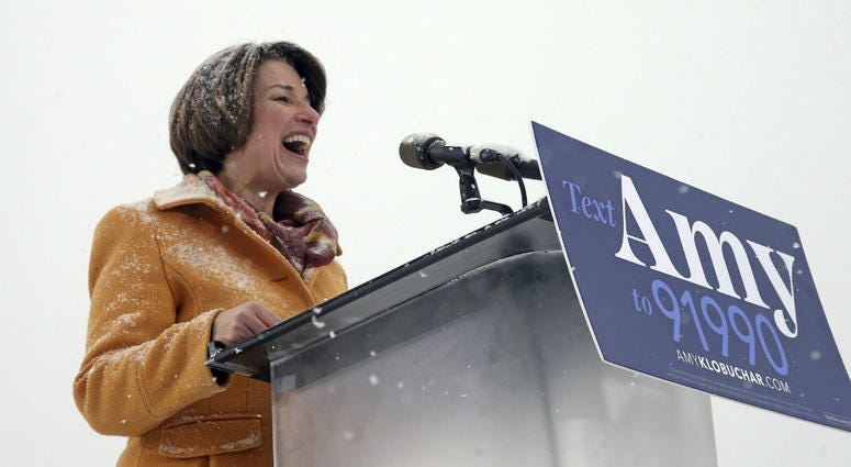 Democratic Sen. Amy Klobuchar, laughs as she addresses a snowy rally where she announced she is entering the race for president Sunday, Feb. 10, 2019, at Boom Island Park in Minneapolis. Democratic Sen. Amy Klobuchar, laughs as she addresses a snowy rally where she announced she is entering the race for president Sunday, Feb. 10, 2019, at Boom Island Park in Minneapolis.